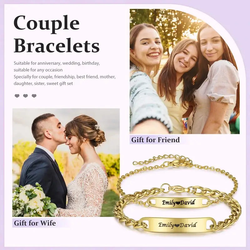 Matching Bracelets for Couples | Gold Couple Bracelets with Engraving | His and Her Bracelets with Engraved Bar | 2 Pieces