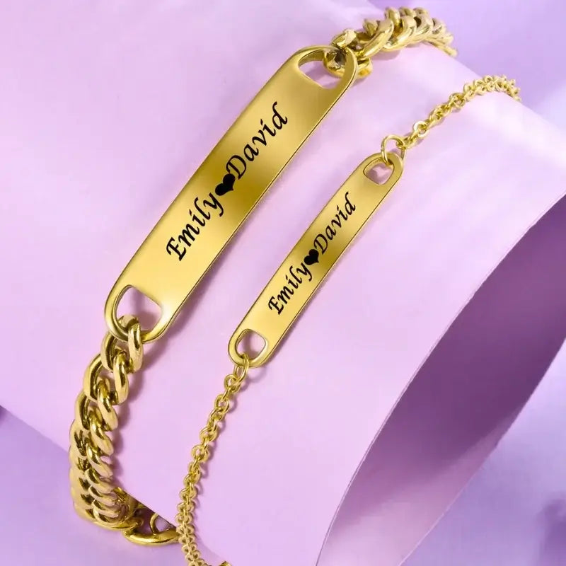 Matching Bracelets for Couples Gold Couple Bracelets with Engraving His and Her Bracelets with Engraved Bar 2 Pieces