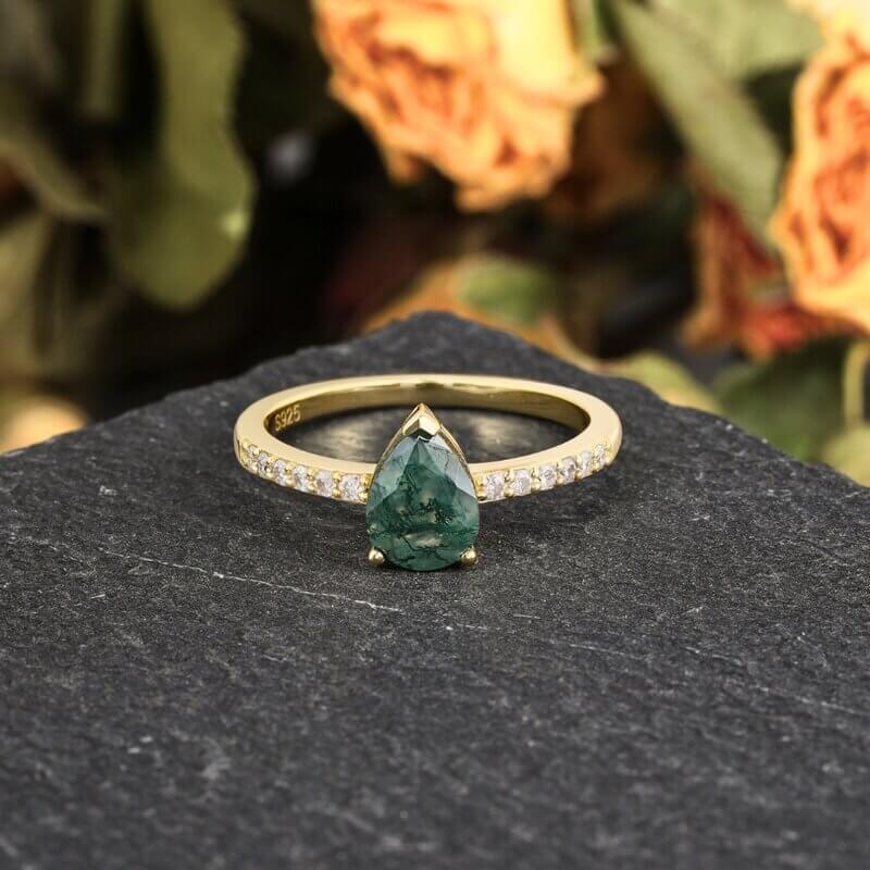 Gold Moss Agate Ring Pear Cut Sterling Silver