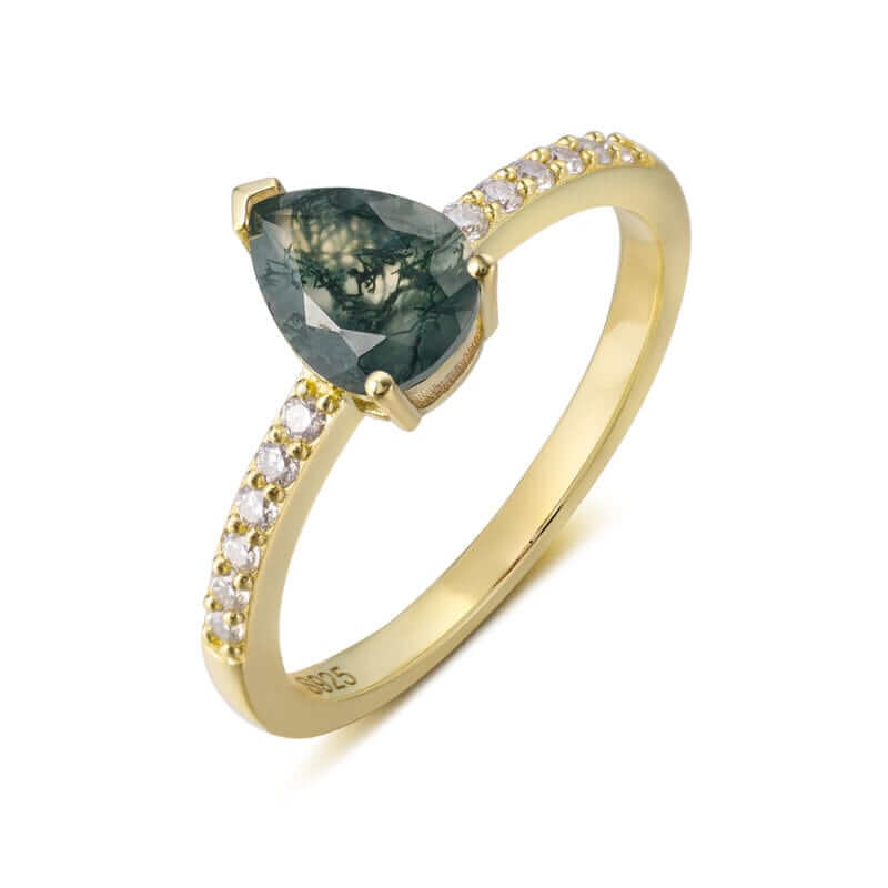 Gold Moss Agate Ring Pear Cut Sterling Silver