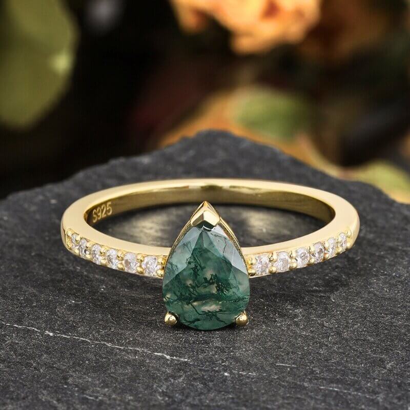 Gold Moss Agate Ring Pear Cut Sterling Silver