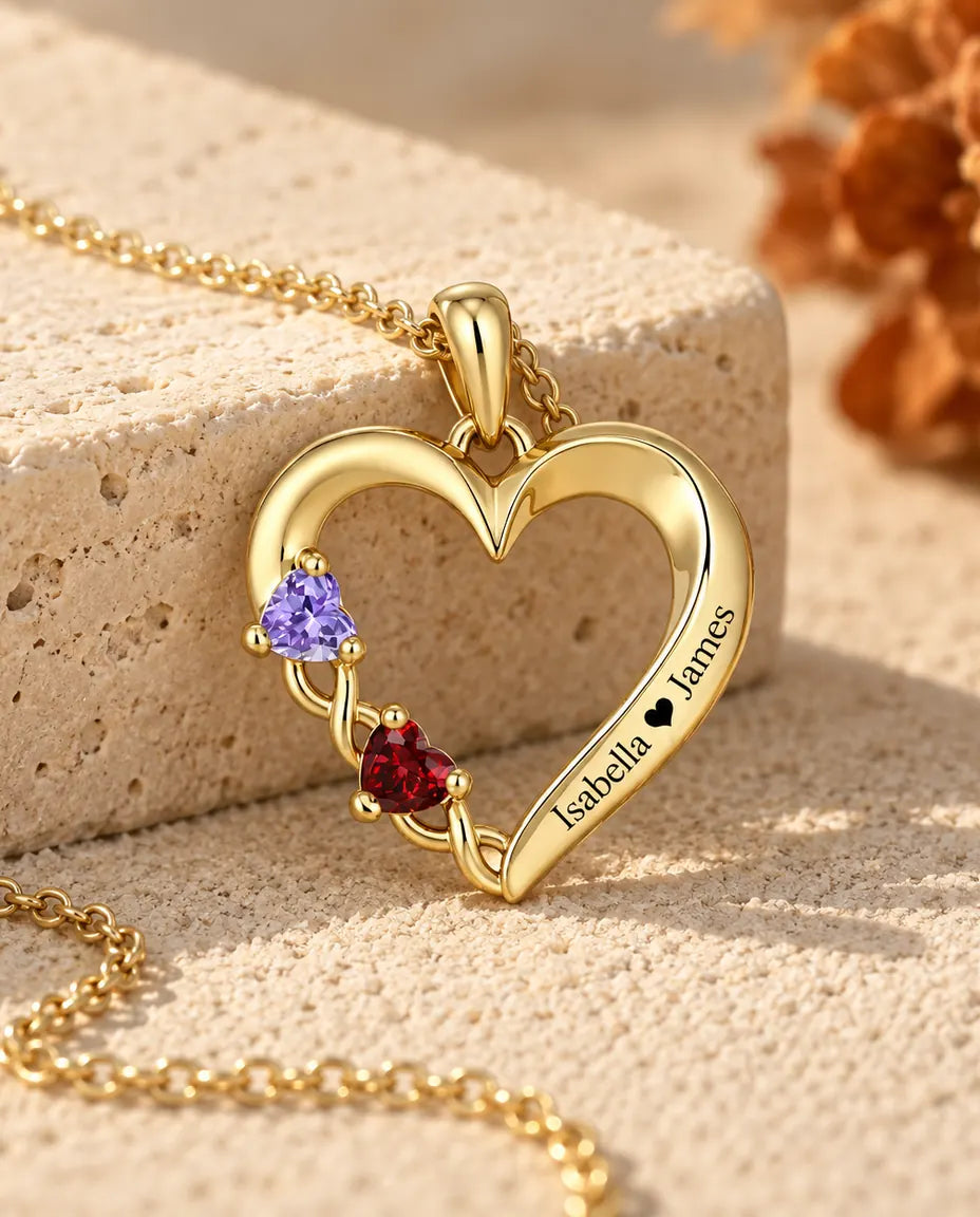 Gold open heart name necklace photographed from a low angle
