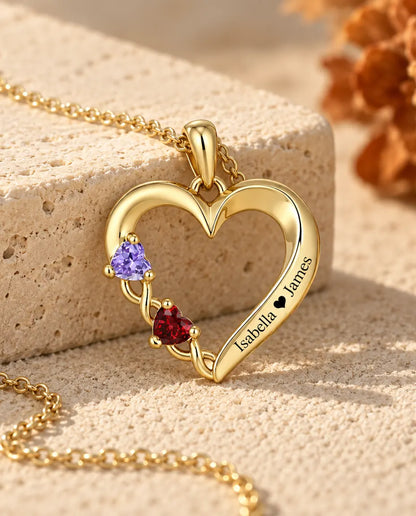 Gold open heart name necklace photographed from a low angle