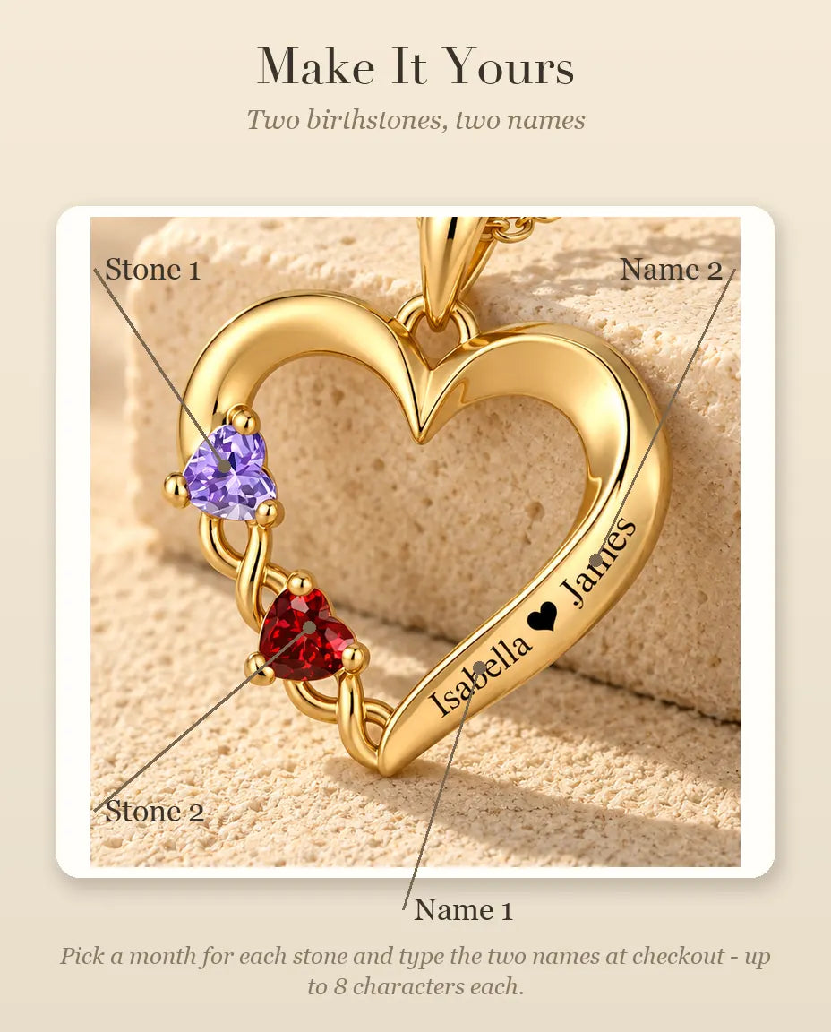 How to personalise the necklace with two birthstones and two names
