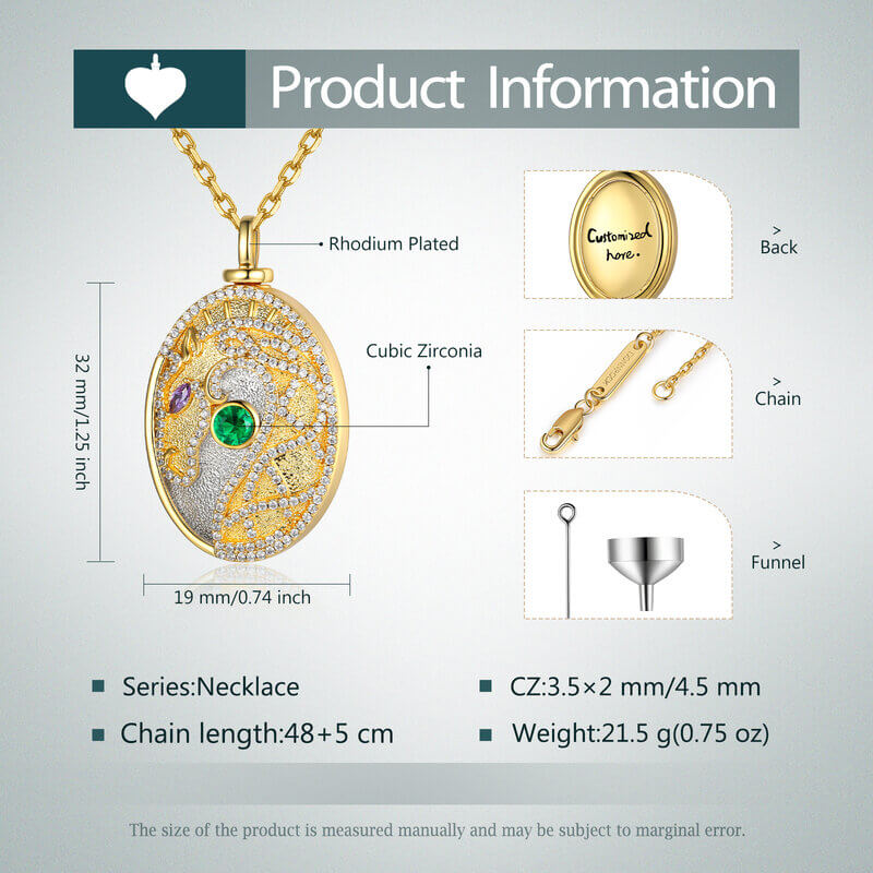 Gold Oval Locket with Ashes - Engraved Ashes Necklace with Two Birthstones