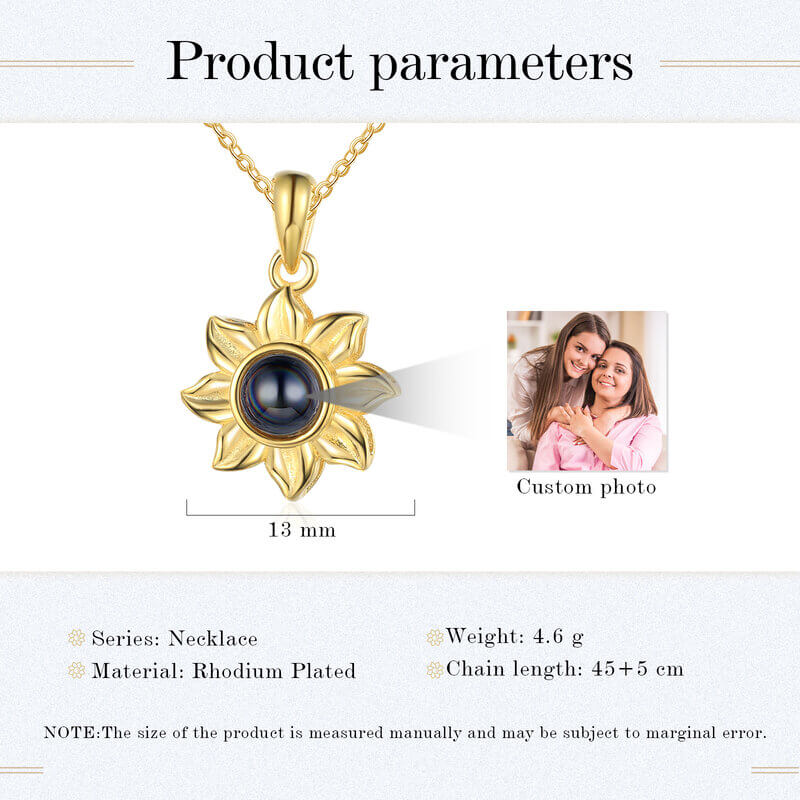 Personalised Gold Sunflower Pendant Photo Projection Necklace