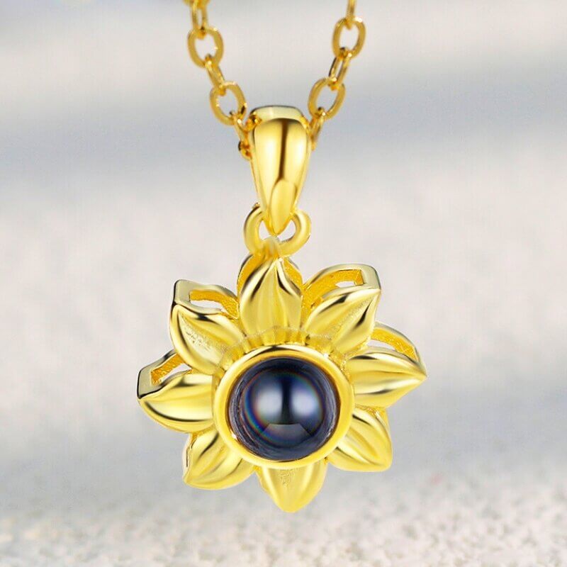 Personalised Gold Sunflower Pendant Photo Projection Necklace