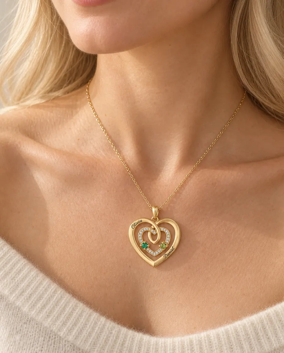 Blonde woman wearing the gold triple heart birthstone name necklace