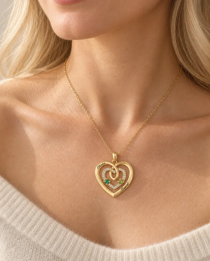 Blonde woman wearing the gold triple heart birthstone name necklace