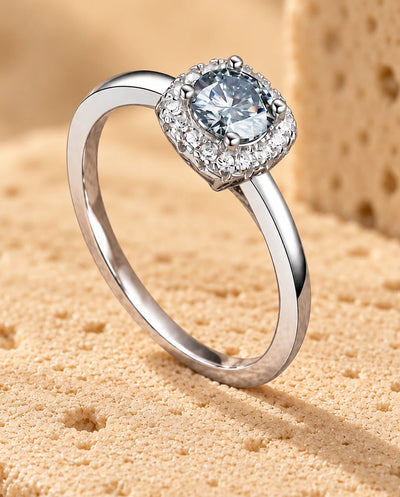 Moissanite Engagement Ring, 0.5ct Square Cushion Halo, Sterling Silver for Women, Promise Gift for Her