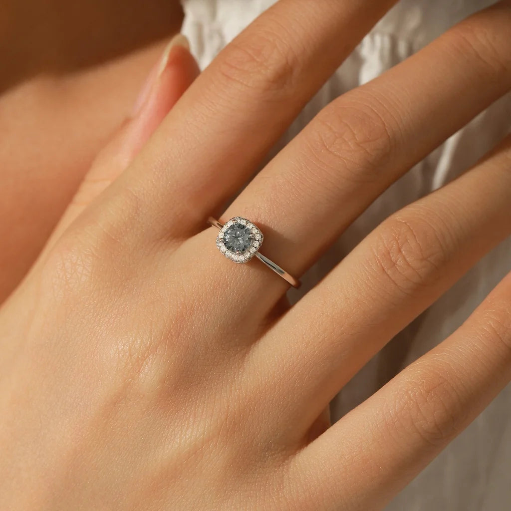 Gray Moissanite Engagement Ring – Square Halo Ring For Women Wedding Fine Jewellery Gift