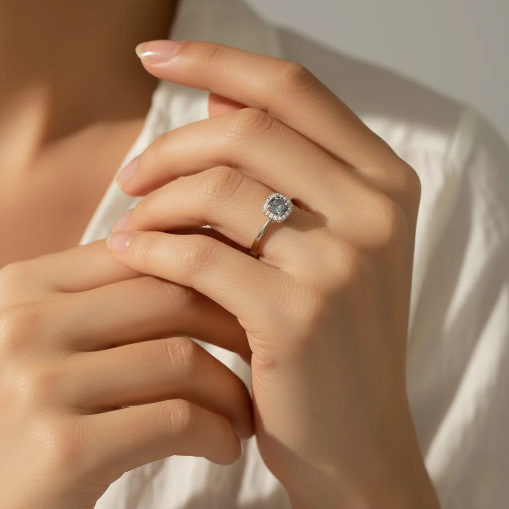 Gray Moissanite Engagement Ring – Square Halo Ring For Women Wedding Fine Jewellery Gift
