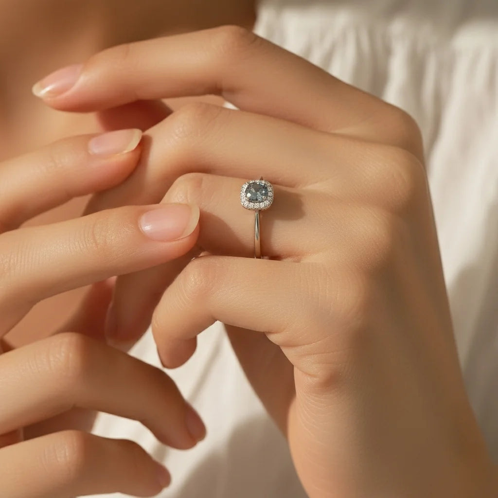 Gray Moissanite Engagement Ring – Square Halo Ring For Women Wedding Fine Jewellery Gift