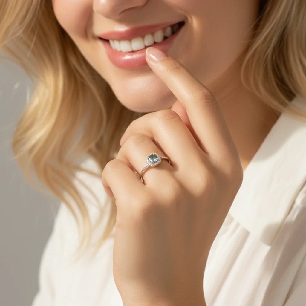 Gray Moissanite Engagement Ring – Square Halo Ring For Women Wedding Fine Jewellery Gift