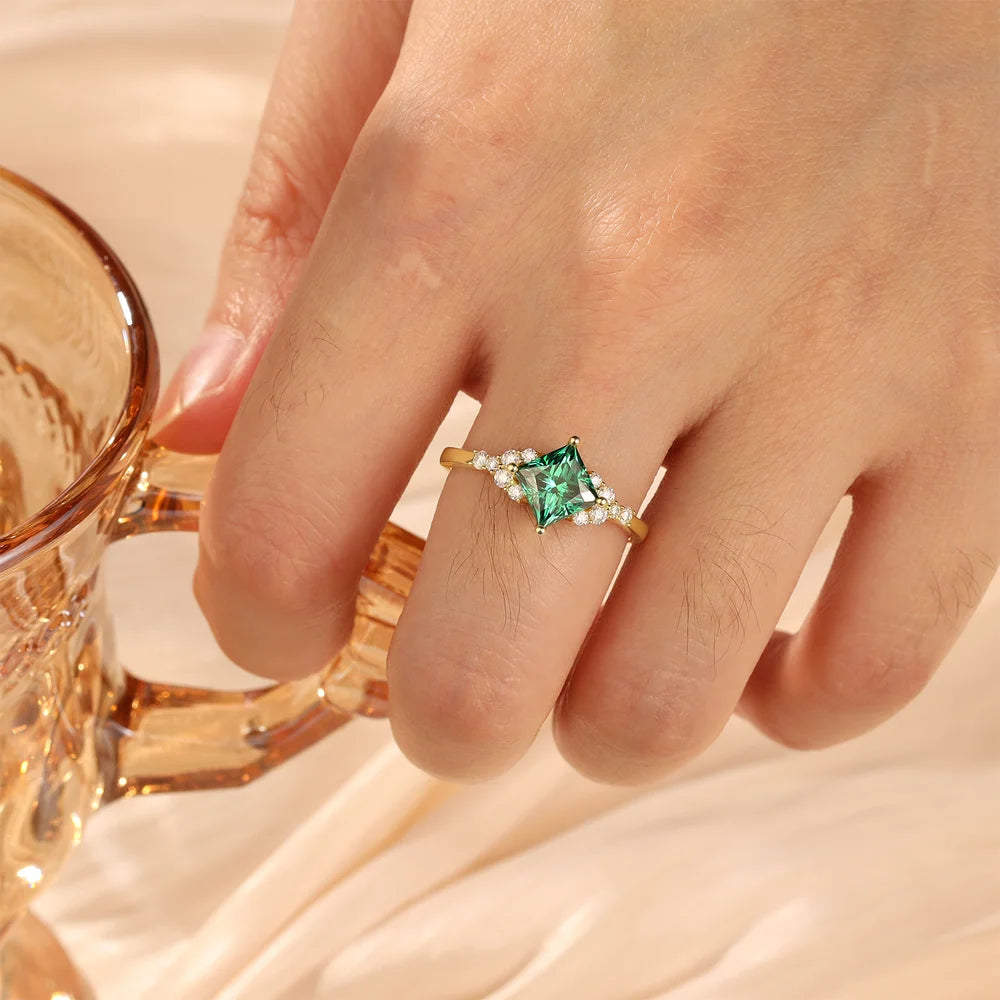 Green Moissanite Engagement Ring Princess Cut 14/18K Yellow Gold