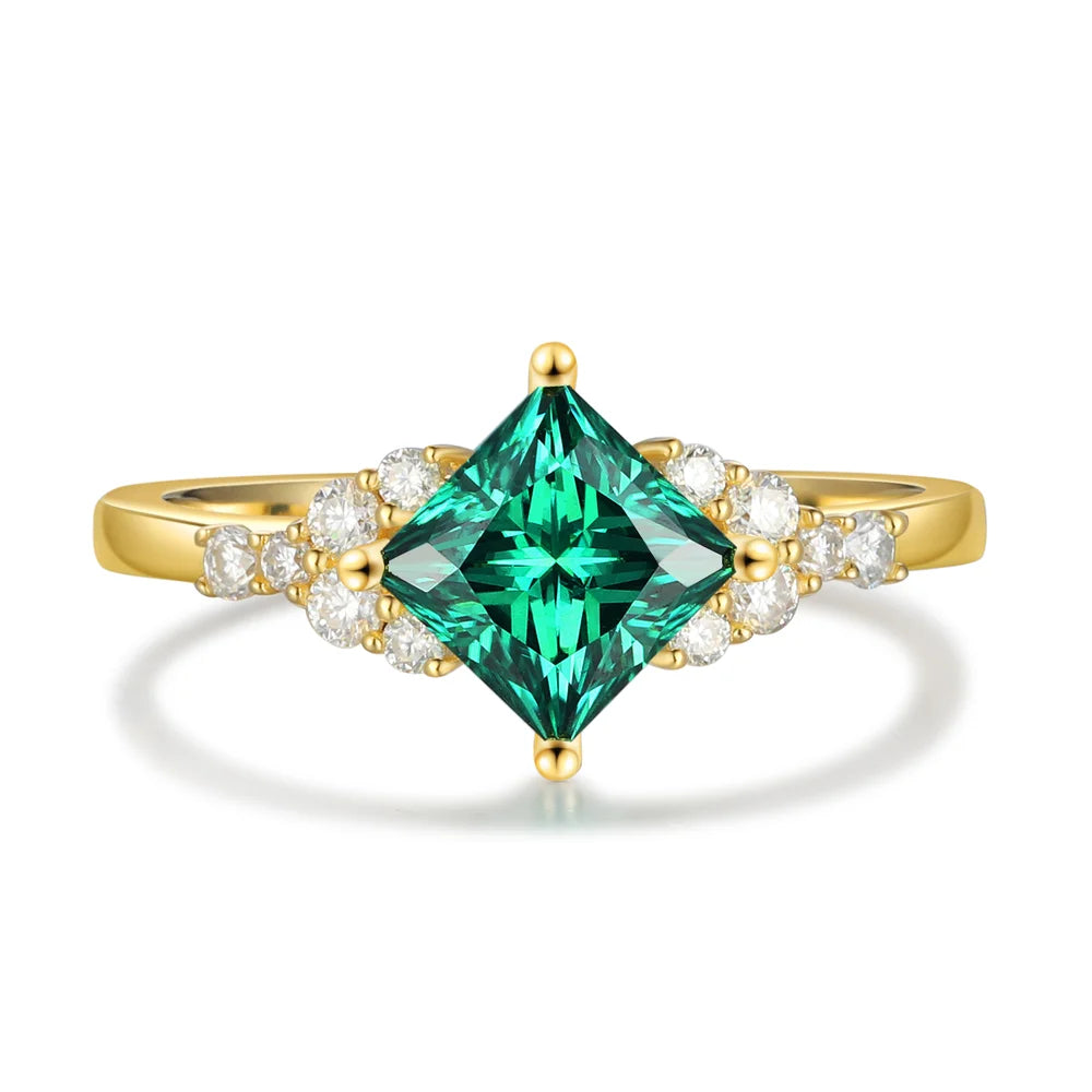 Green Moissanite Engagement Ring Princess Cut 14/18K Yellow Gold