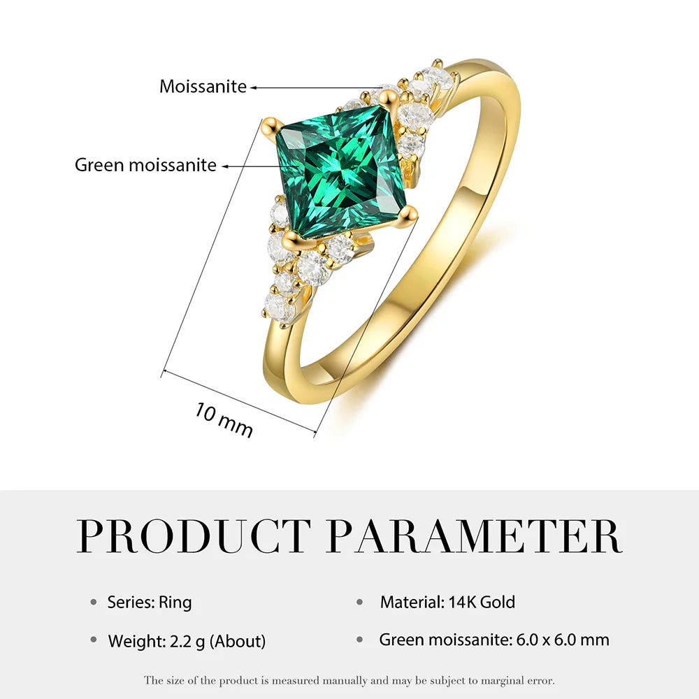 Green Moissanite Engagement Ring Princess Cut 14/18K Yellow Gold