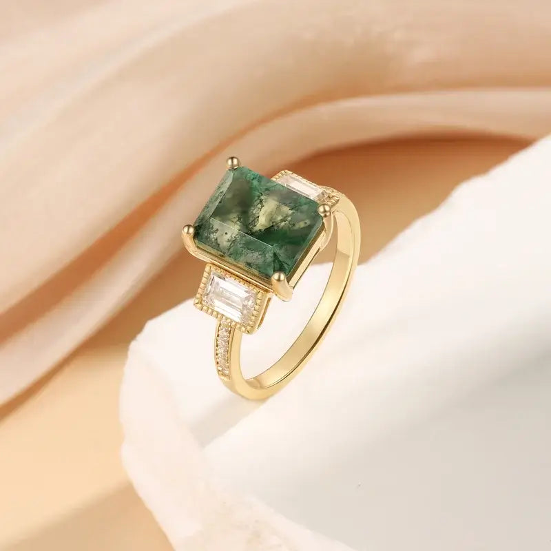 Green Moss Agate Moissanite Statement Ring IfShe UK