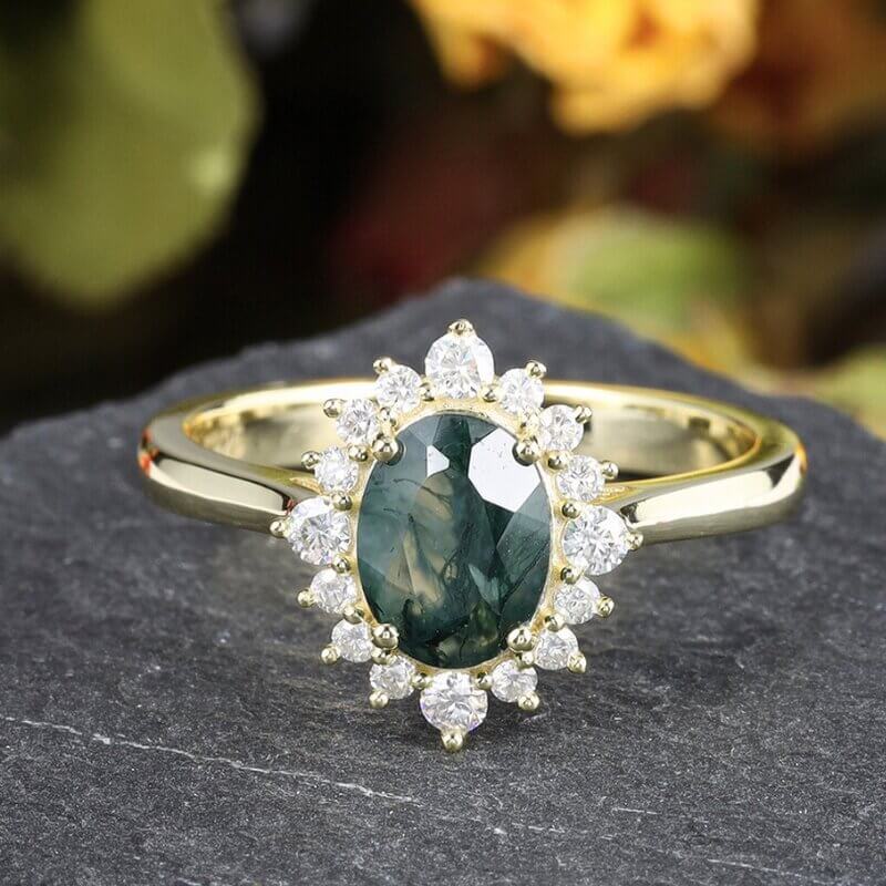 Green Moss Agate Ring Oval Cut