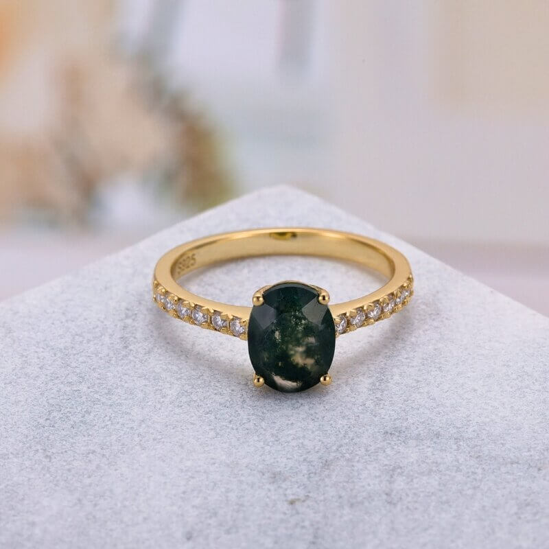 Green Moss Agate Ring Oval Shaped Sterling Silver