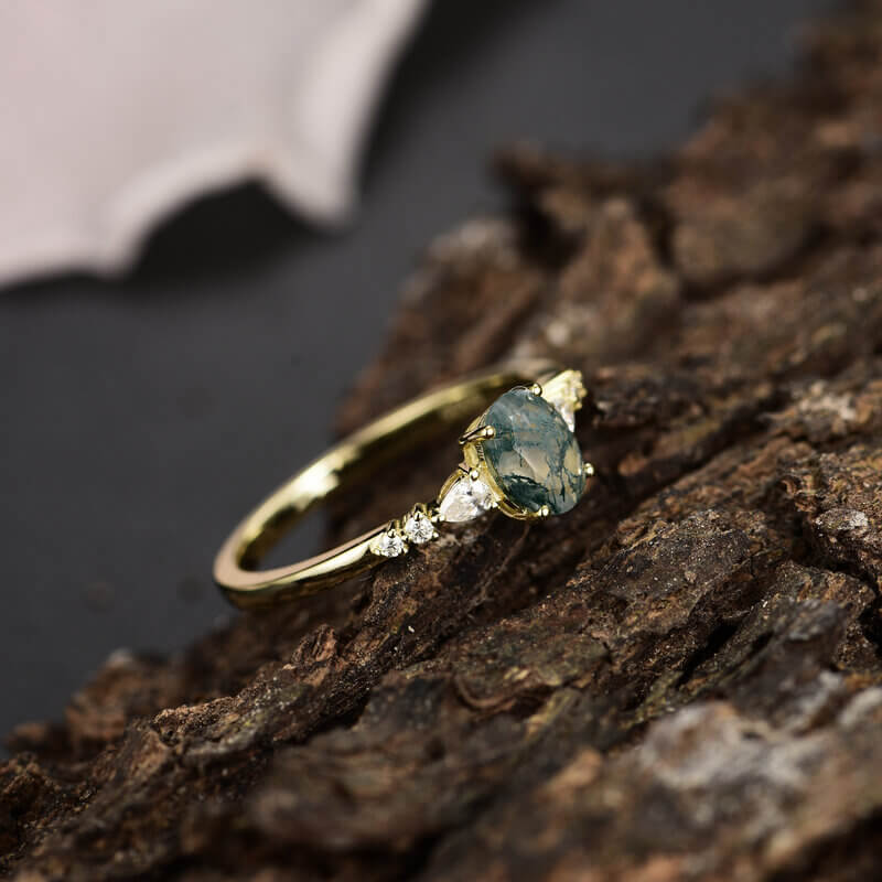 Green Moss Agate Ring Oval Shaped Sterling Silver with Yellow Gold Plated