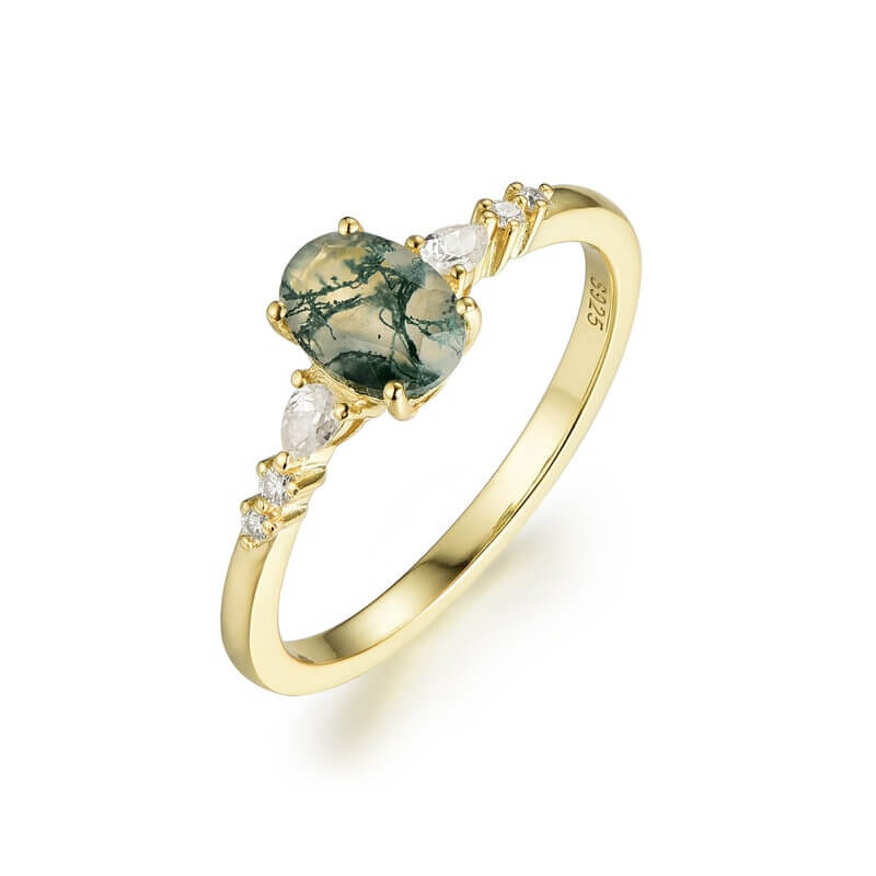 Green Moss Agate Ring Oval Shaped Sterling Silver with Yellow Gold Plated
