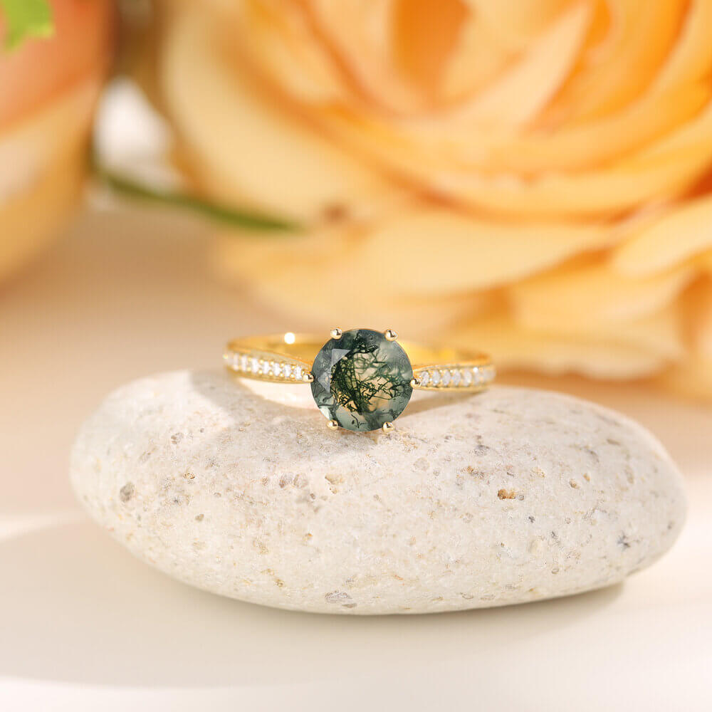 Green Moss Agate Ring Round Shaped with Moissanite Sterling Silver