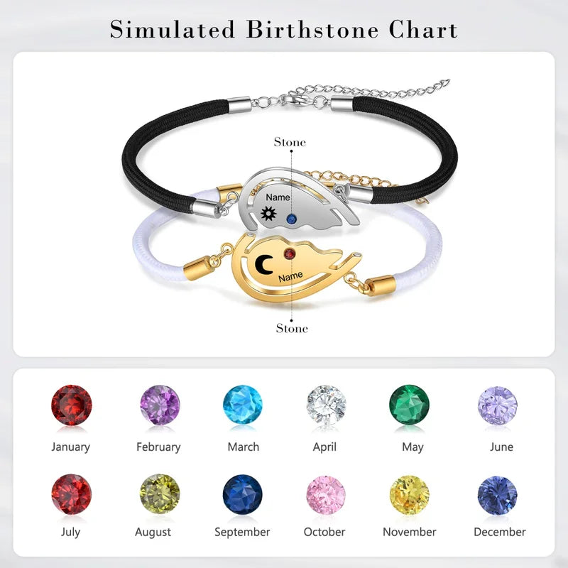 Half Heart Matching Couple Bracelets | Engraved Name Bracelets with Birthstone