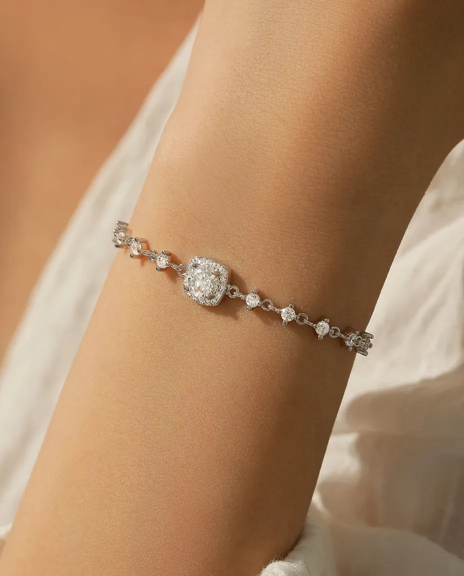 Halo moissanite bracelet, 0.8ct D colour cushion stone, 925 sterling silver