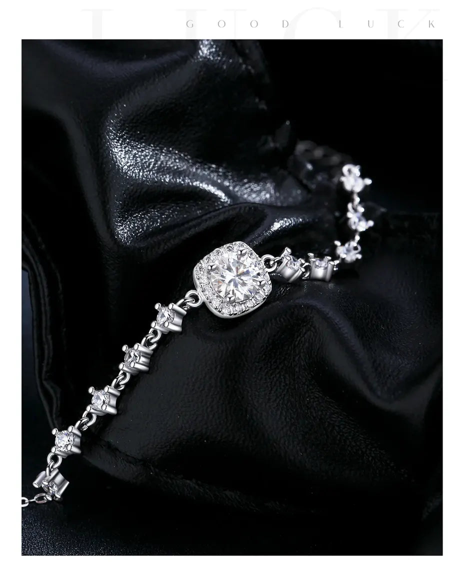 Halo moissanite bracelet, 0.8ct D colour cushion stone, 925 sterling silver