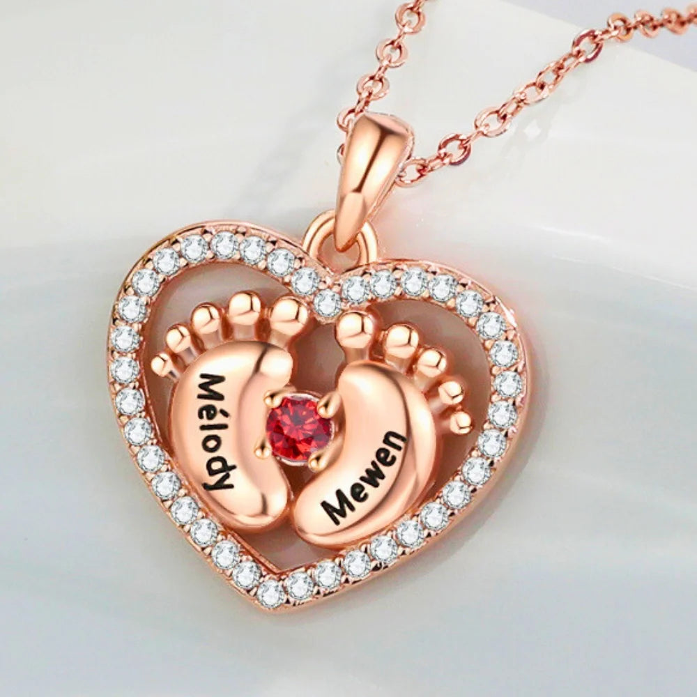 Heart Baby Feet Personalised Necklace for Mum, Mum Necklace with Names and Birthstone, Personalised Mother's Day Necklace