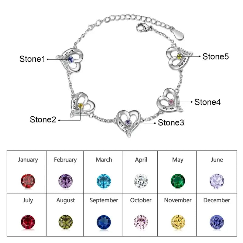 Heart Charm Personalised Birthstone Bracelet with Engraved Name