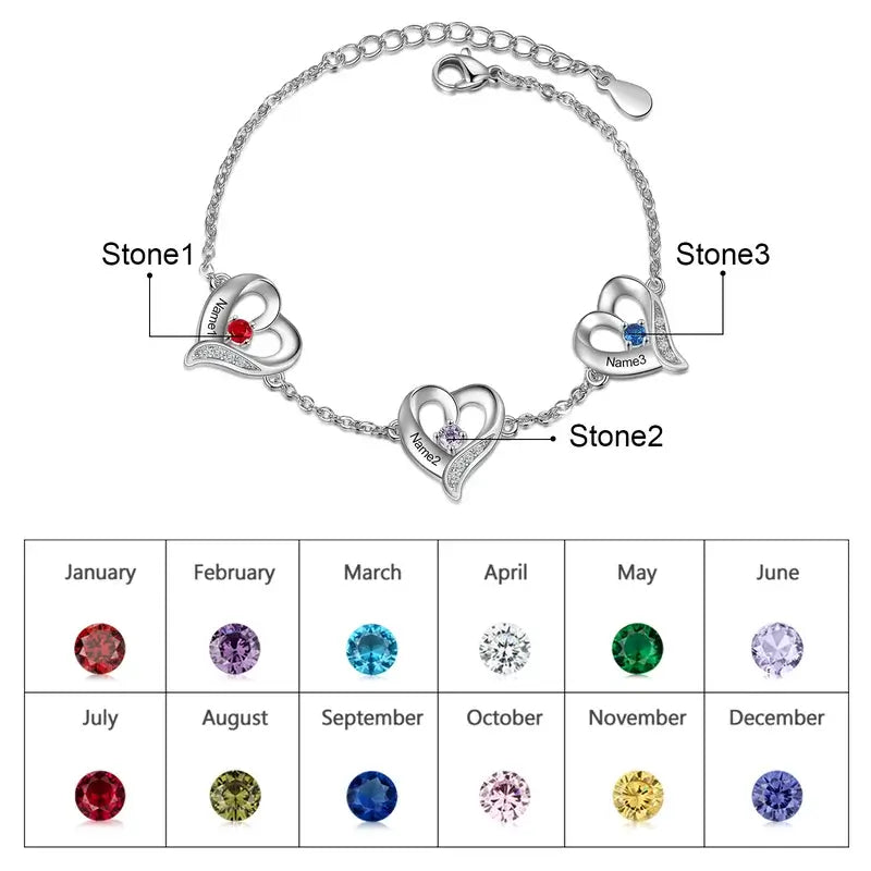 Heart Charm Personalised Birthstone Bracelet with Engraved Name