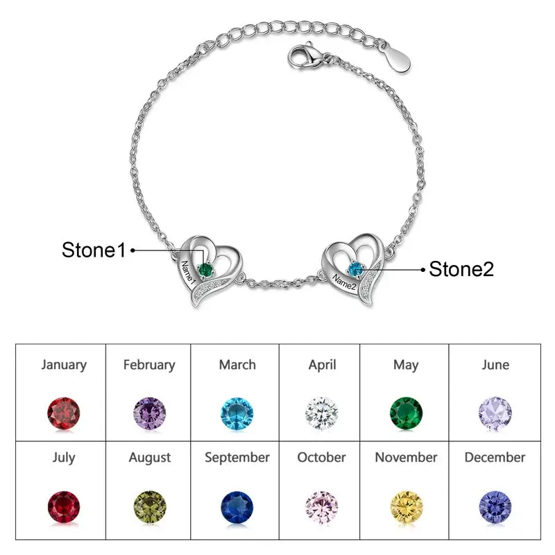 Heart Charm Personalised Birthstone Bracelet with Engraved Name