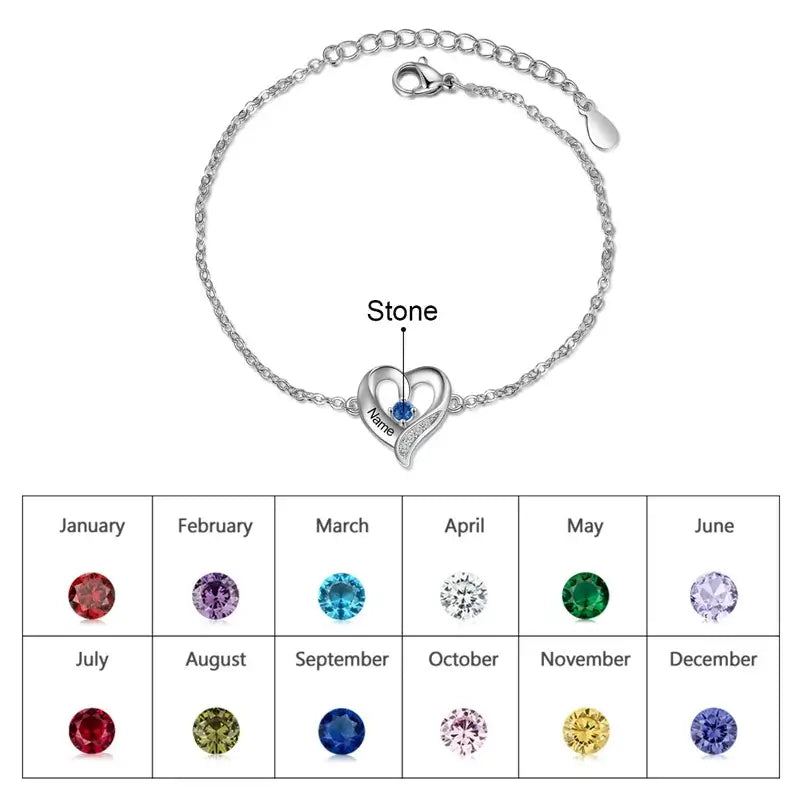 Heart Charm Personalised Birthstone Bracelet with Engraved Name