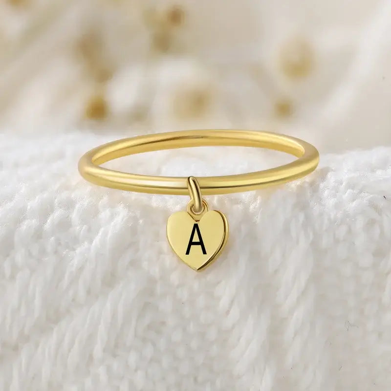 Personalised Ring with Initial, Women's Engraved Ring, Heart Charm Initial Ring for Her