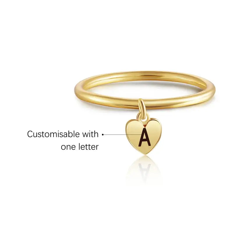 Personalised Ring with Initial, Women's Engraved Ring, Heart Charm Initial Ring for Her