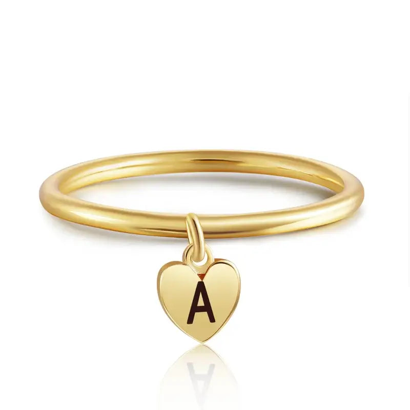 Personalised Ring with Initial, Women's Engraved Ring, Heart Charm Initial Ring for Her