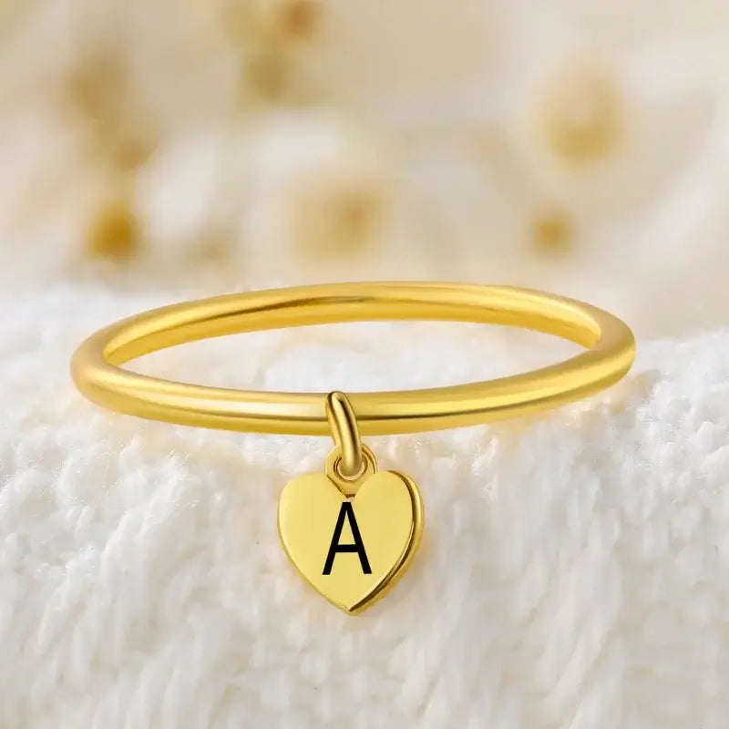 Personalised Ring with Initial, Women's Engraved Ring, Heart Charm Initial Ring for Her