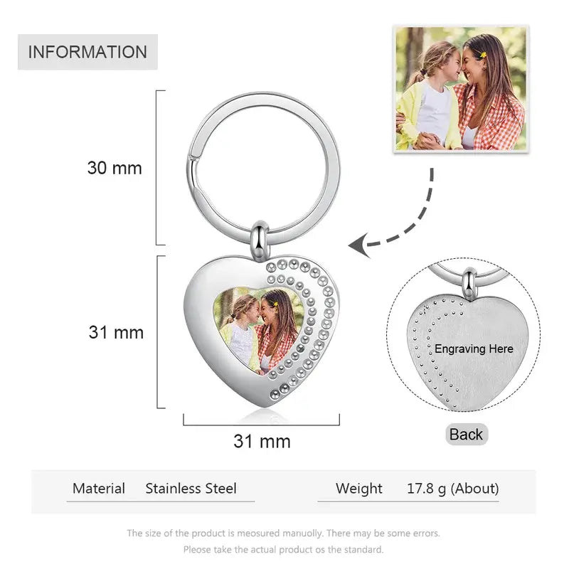 Heart Charm Personalised Photo Keyring with Engraving