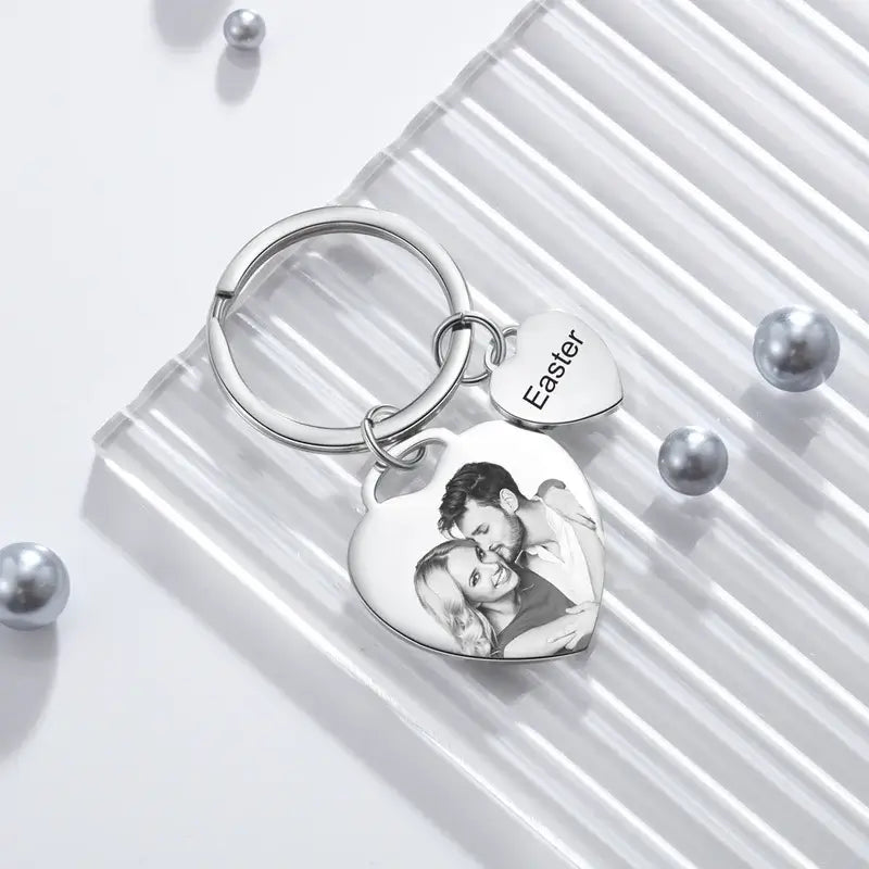 Heart Charm Personalised Photo Keyring with Engraved Heart Charm