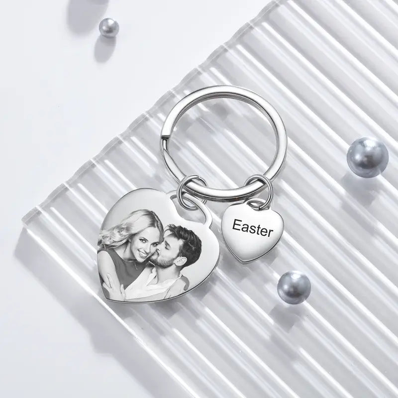 Heart Charm Personalised Photo Keyring with Engraved Heart Charm