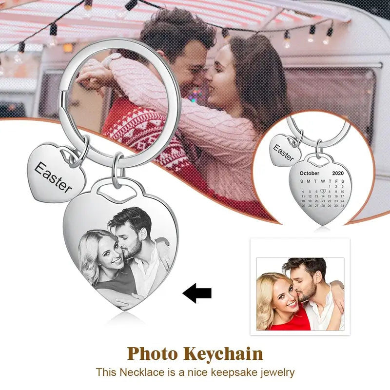 Heart Charm Personalised Photo Keyring with Engraved Heart Charm