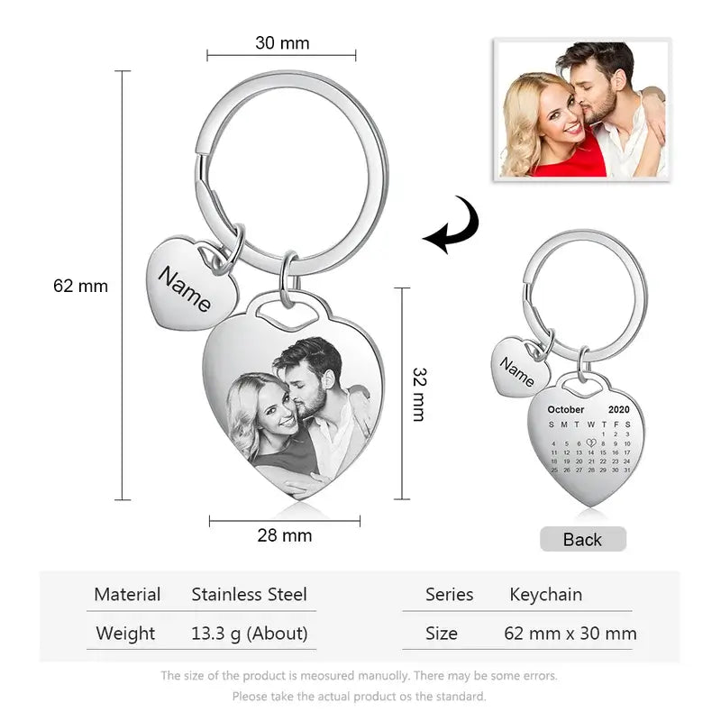 Heart Charm Personalised Photo Keyring with Engraved Heart Charm