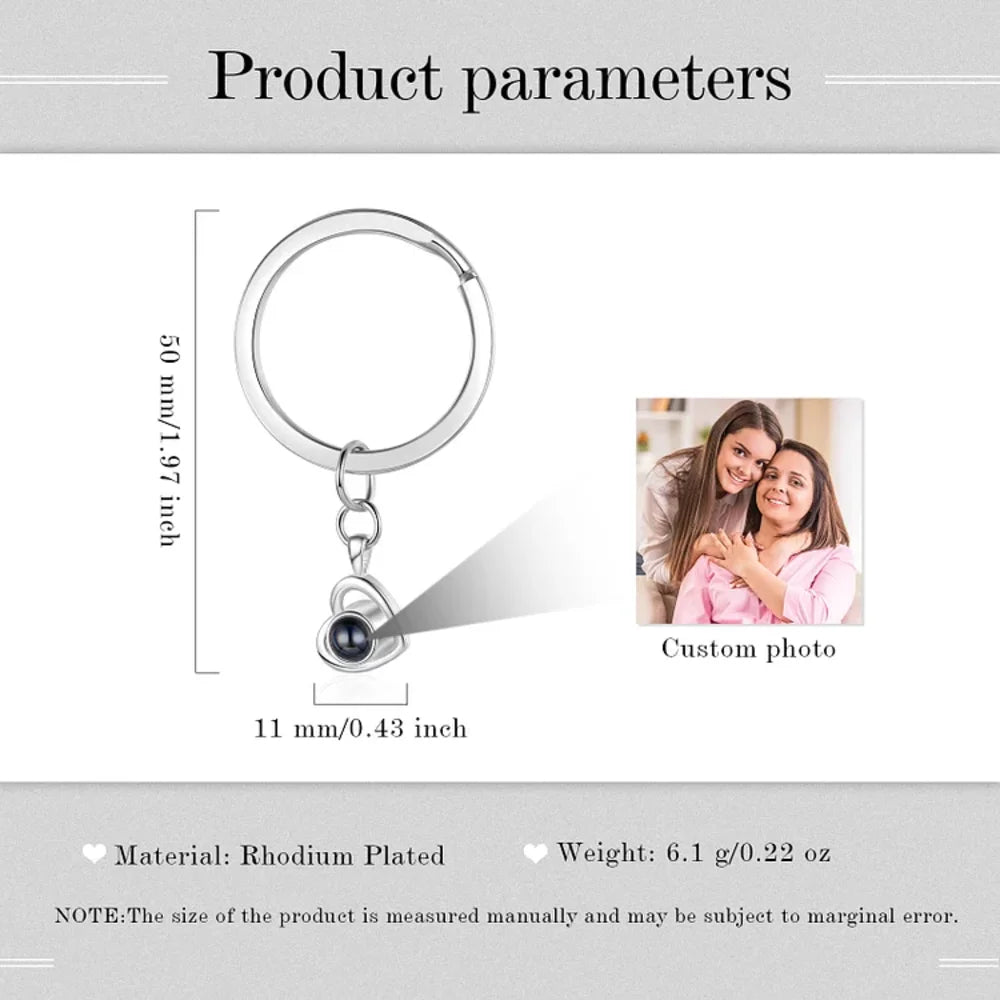 Personalised Photo Keyring, Heart Charm Photo Projection Keyring, Customised Photo Keyring