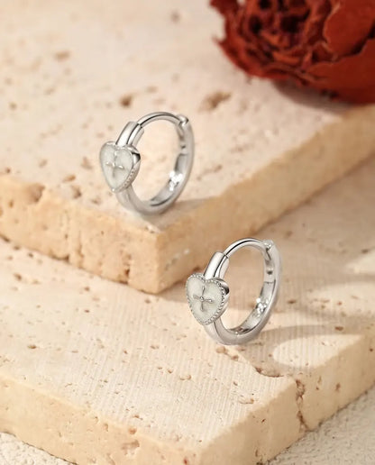 Heart cross huggie earrings in 925 sterling silver