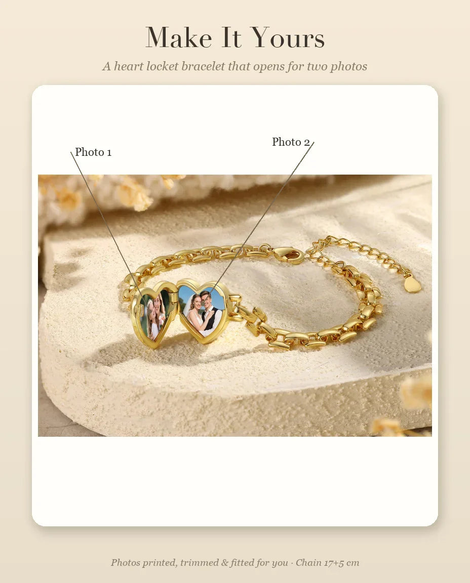 Personalisation guide showing Photo 1 and Photo 2 placement in heart locket bracelet