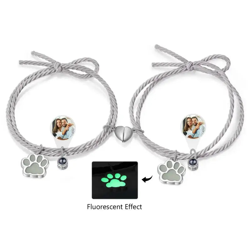 Matching Bracelets | Couple Bracelets | Photo Projection Bracelets | Heart Magnetic Bracelets | 2 Pieces