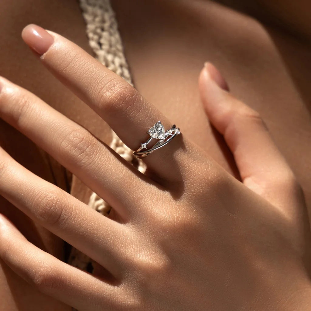 Heart Moissanite Ring | 925 Sterling Silver Multi-Layer Wedding Ring for Women