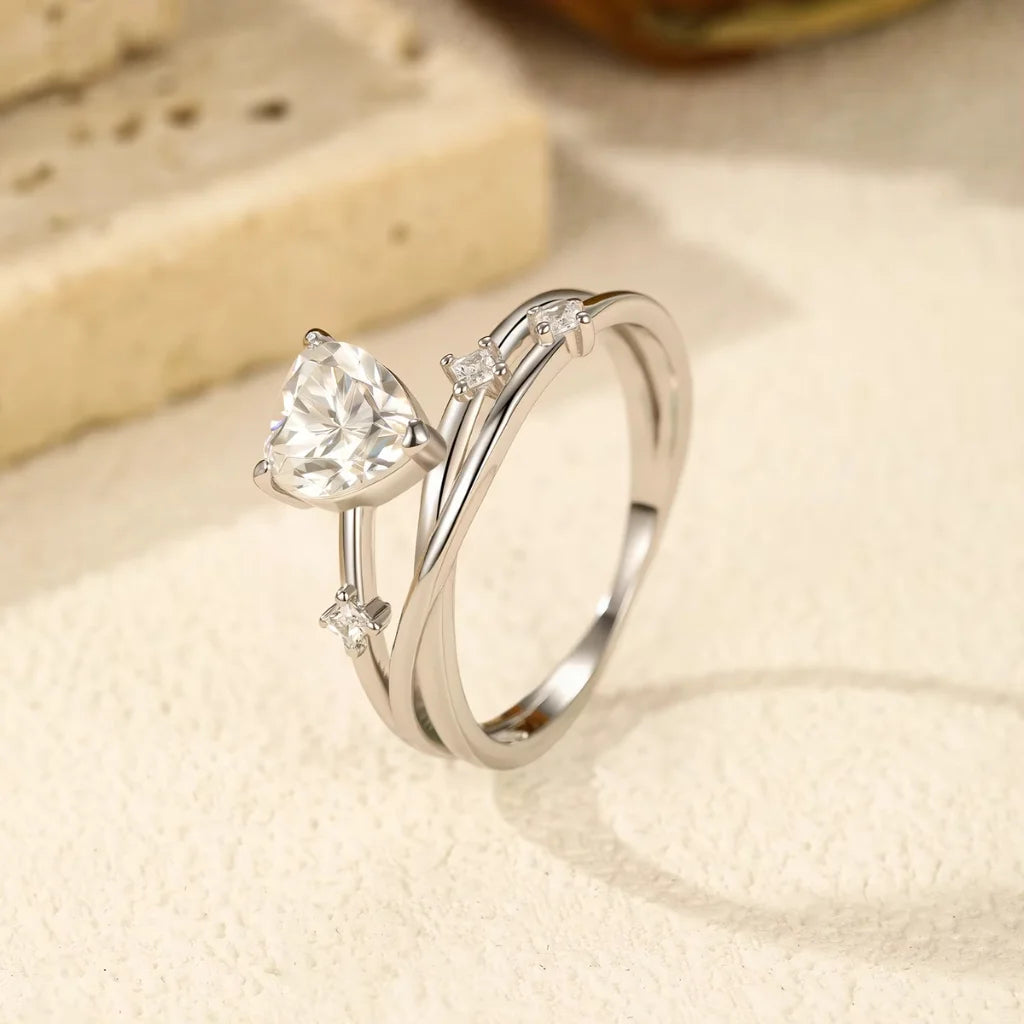 Heart Moissanite Ring | 925 Sterling Silver Multi-Layer Wedding Ring for Women